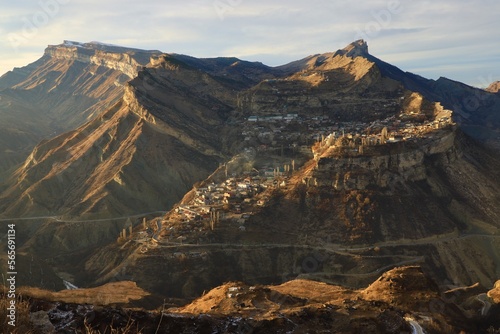 View of the ancient Dagestan village of Gunib, located high on the top of the Gunib plateau, in the evening.