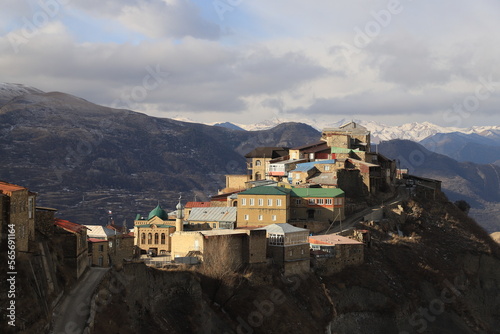 The bright and colorful village of Chokh against the backdrop of a mountain panorama in the Gunibsky district of Dagestan.