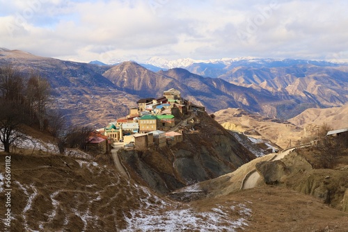 The bright and colorful village of Chokh against the backdrop of a mountain panorama in the Gunibsky district of Dagestan.