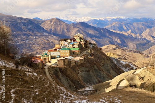 The bright and colorful village of Chokh against the backdrop of a mountain panorama in the Gunibsky district of Dagestan.