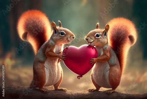 Verliebte Eichhörnchen - ein Herz verschenken zum Valentinstag? Oder seinem Partner immer seine Liebe zeigen. Auch als Grußkarte oder Hintergrundbild - KI photo