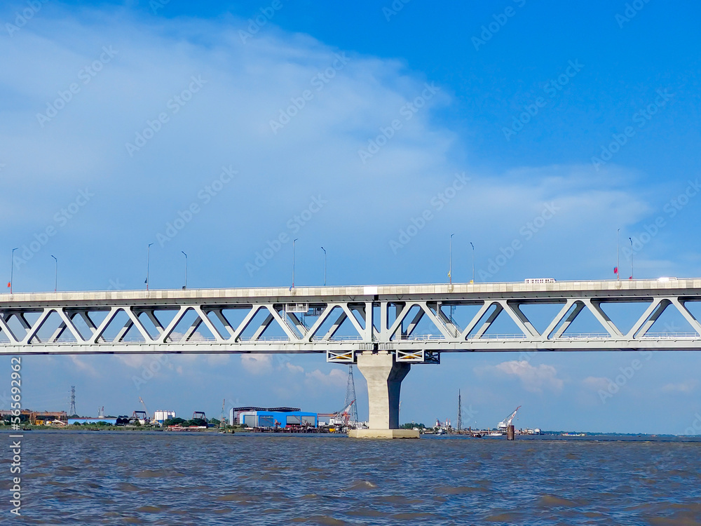 The Padma Multipurpose Bridge - view from the river of the multipurpose railroad bridge constructed across the Padma River in Bangladesh.