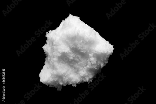 White snow isolated on black background close up