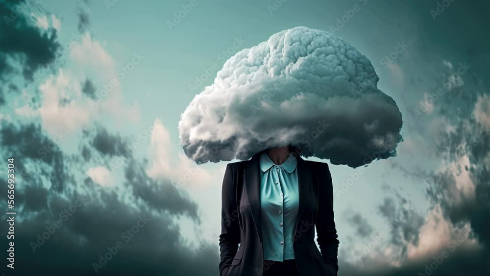 Cinemagraph of businesswoman standing outside with big cloud over her head, ai generated