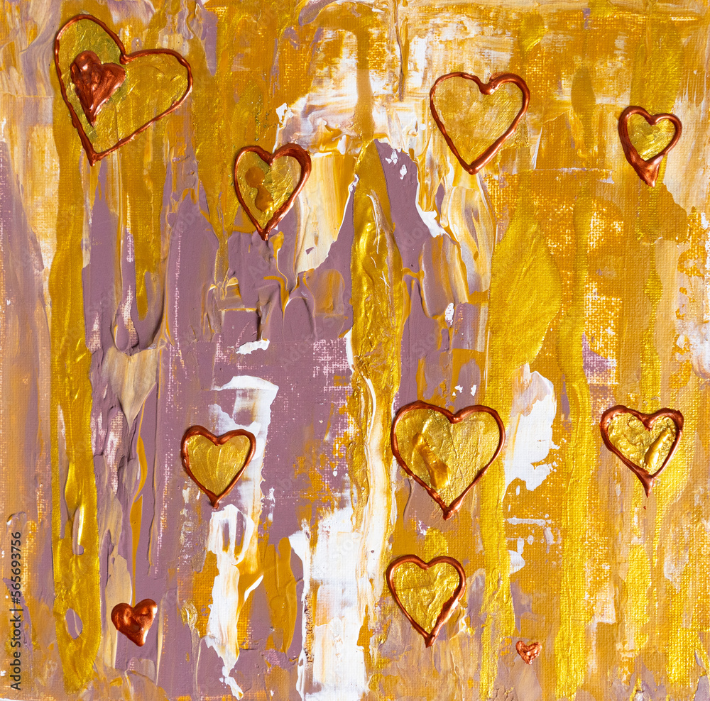 Drawing of bright spilled streams of paint in which hearts drown. Feel