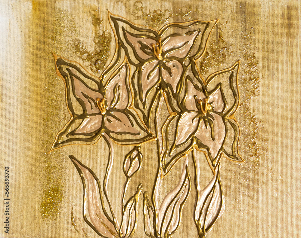 Drawing of bright golden lilies, three magical flowers glow. St