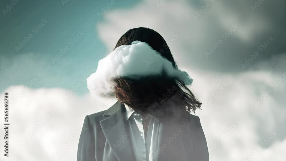 Cinemagraph of businesswoman standing outside with big cloud over her head, ai generated