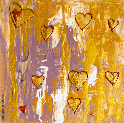 Drawing of bright spilled streams of paint in which hearts drown. Feel drowning. Picture contains interesting idea, evokes emotions, aesthetic pleasure. Canvas stretched. Concept art painting texture