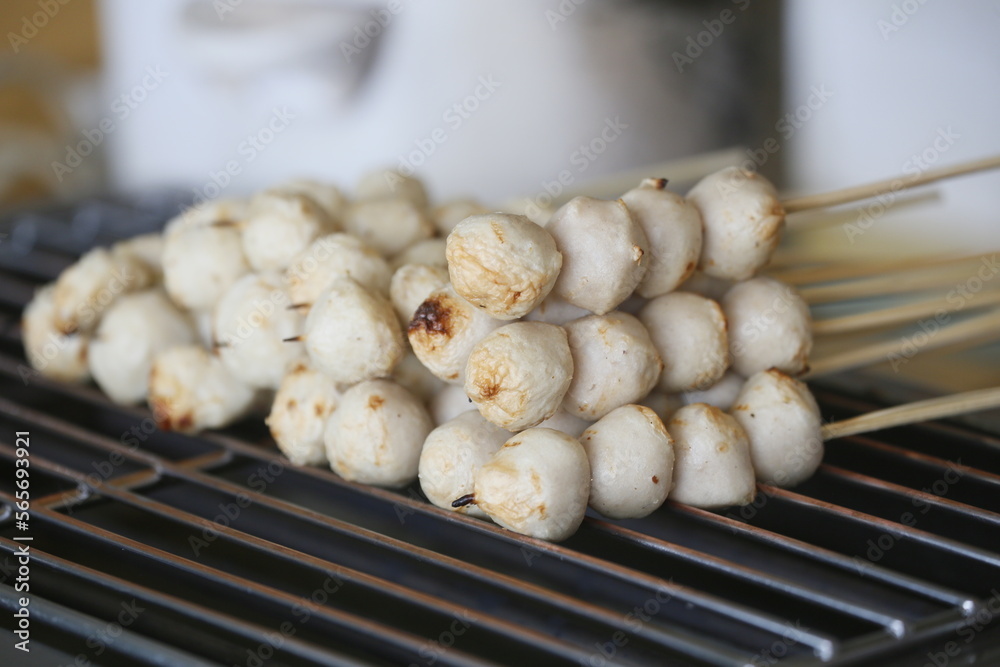 grilled meetball close up on street food. grilled meetball close up on street food.