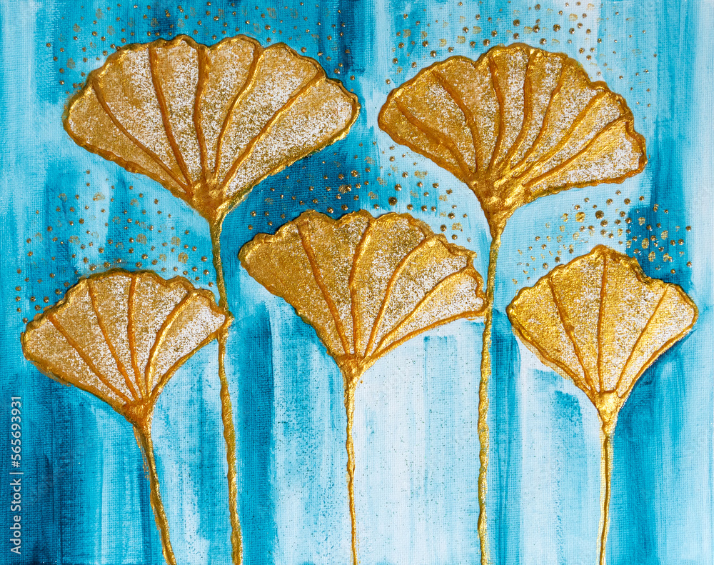 Drawing of bright golden plants ginkgo biloba. Gold leaves. Blue silver