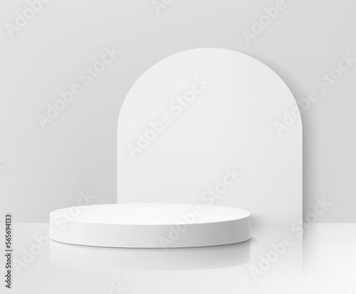 White blank round pedestal or podium on white background. Abstract high quality 3d concept. Platform, Scene. Boxes. Realistic vector illustration. Can be add on banners flyers or web.