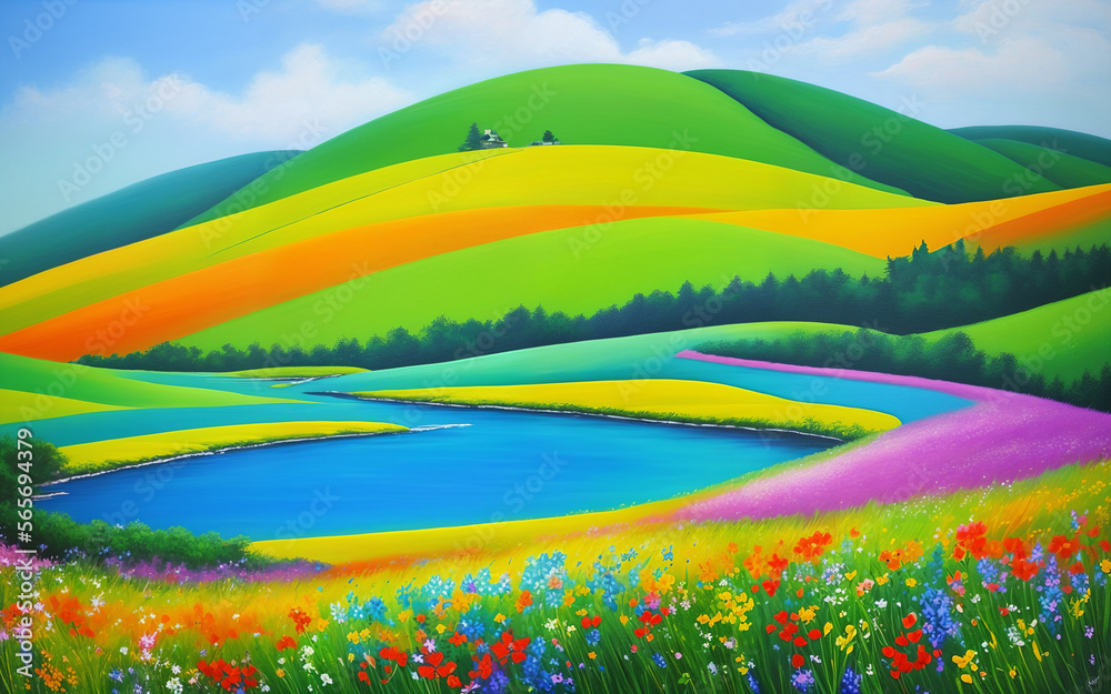 Summer landscape of green hills and a river.Paint drawing