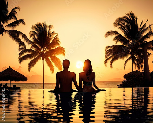 couple enjoying the sunset in the pool. © Денис Заволокин