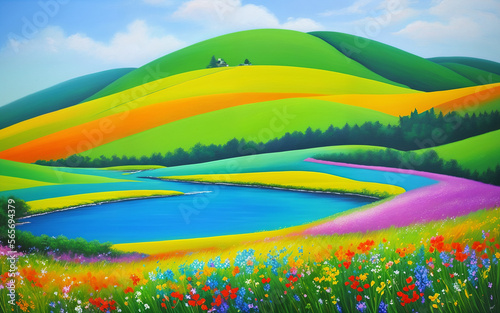 Summer landscape of green hills and a river.Paint drawing