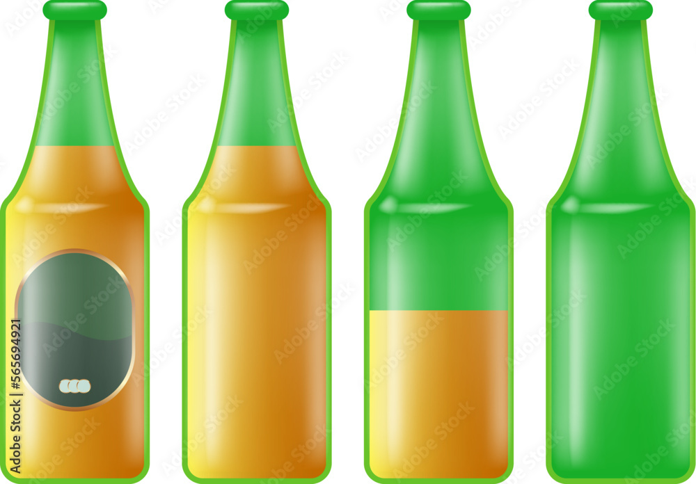 Vector green glass bottles set isolated on white background. Beer bottle with label, empty beer bottle and full beer bottle collection. Vector green glass bottles set isolated on white background. Beer bottle with label, empty beer bottle and full beer bottle collection.