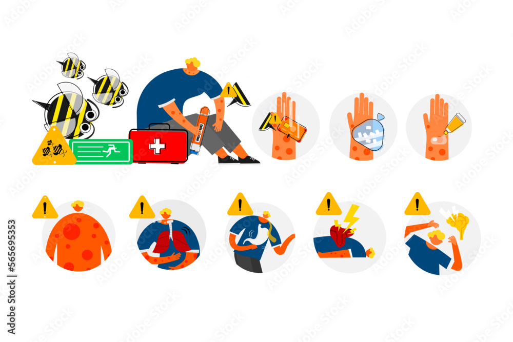 Cartoon characters first aid of bee sting and allergies, anaphylaxis