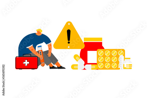 Cartoon of beware drug allergy and anaphylaxis reaction.