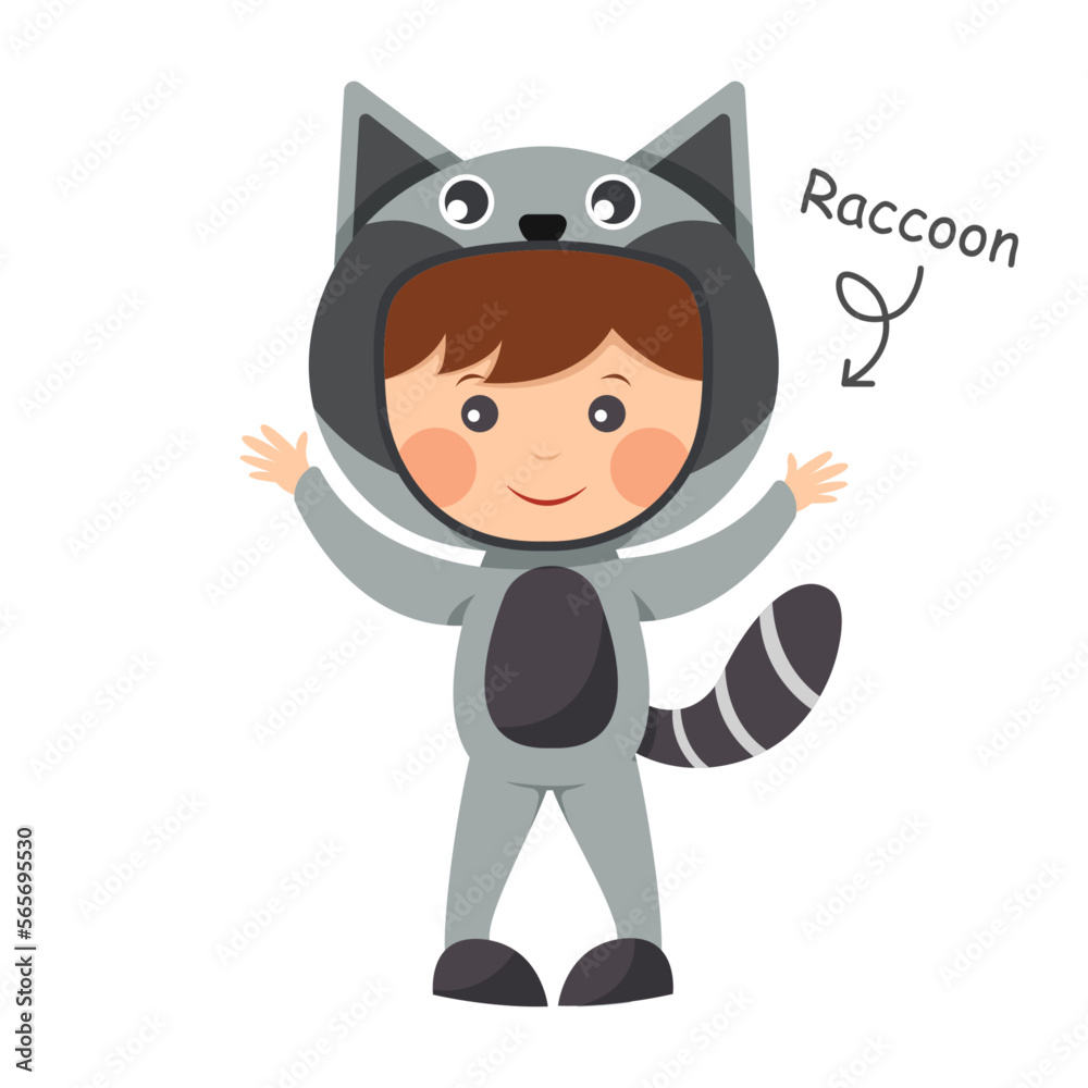 Happy child is wearing Raccoon animal costumes . Vector .