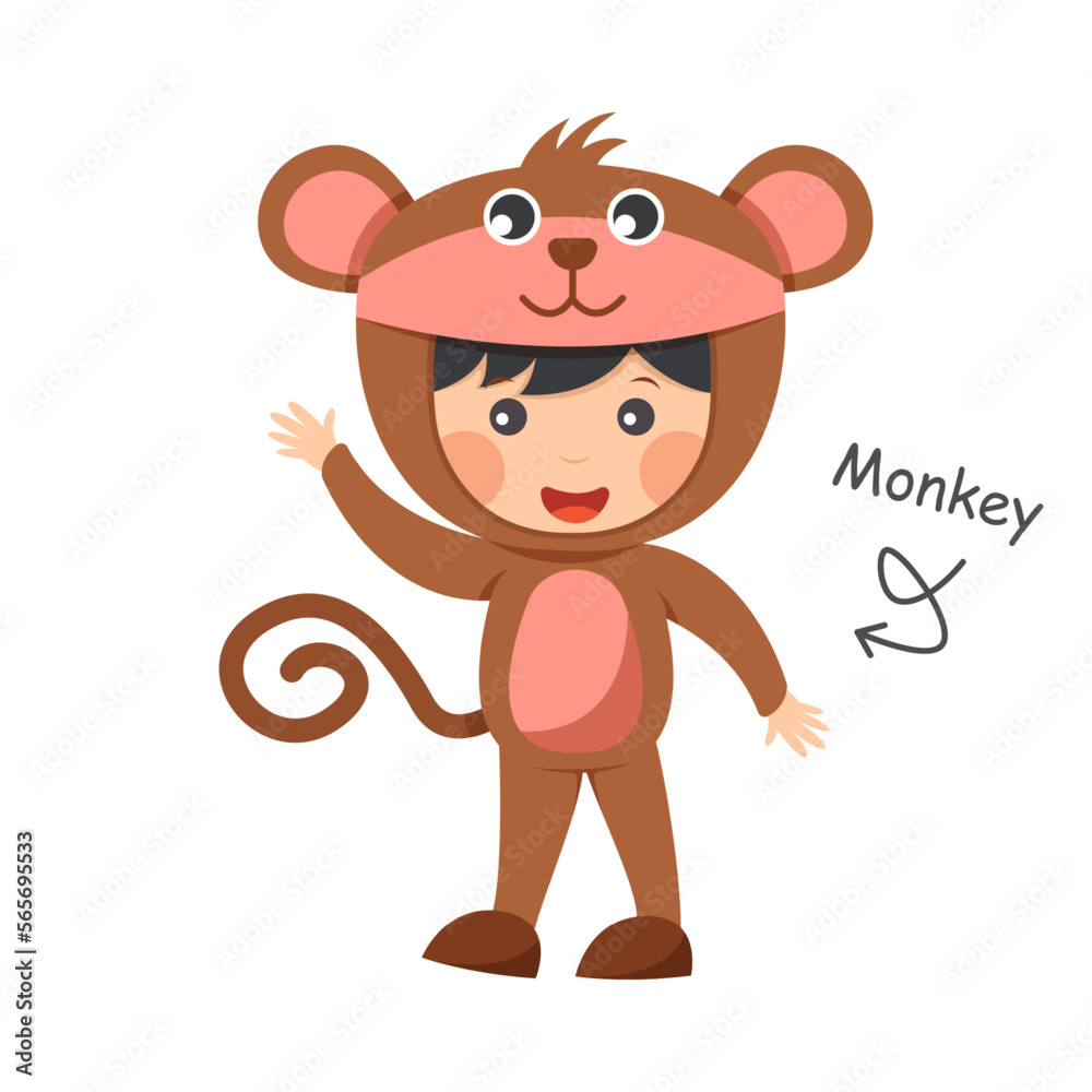 Happy child is wearing Monkey animal costumes . Vector . Happy child is wearing Monkey animal costumes . Vector .