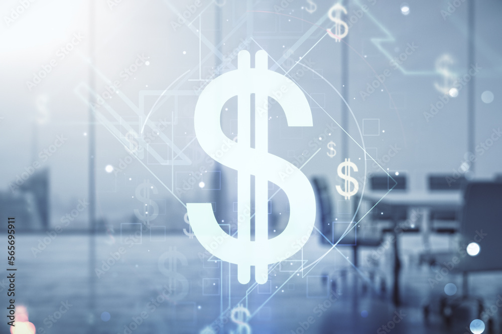 Virtual USD symbols illustration on a modern conference room background. Trading and currency concept. Multiexposure Virtual USD symbols illustration on a modern conference room background. Trading and currency concept. Multiexposure