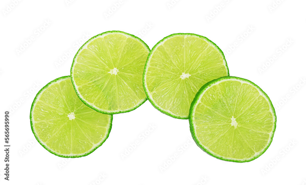 Slices of lime fruit isolated on white background. Top view