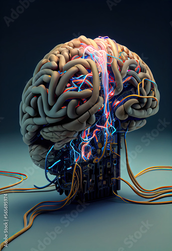 Human Brain Hooked to Hi-Tech Machinery - Generative AI illustration