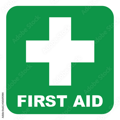 First aid sign. Green square and white cross symbol with text FIRST AID below, vector illustration