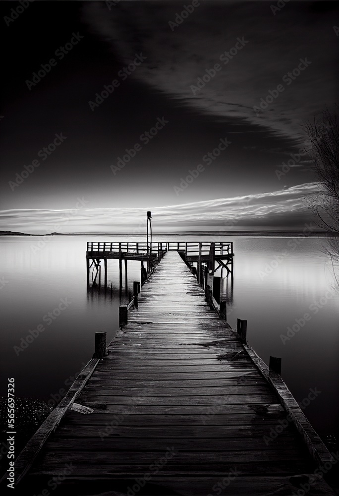 Lonely Jetty Black and White Phtography Abstract Wall Art, Contemporary, high quality, posters, Printable decor, living room, minimalist, painting prints, office gift, modern, Generative AI