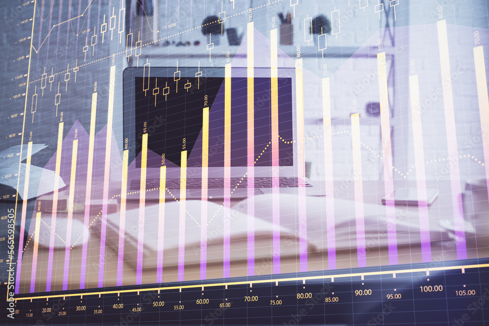 Stock market graph on background with desk and personal computer. Multi exposure. Concept of financial analysis. Stock market graph on background with desk and personal computer. Multi exposure. Concept of financial analysis.