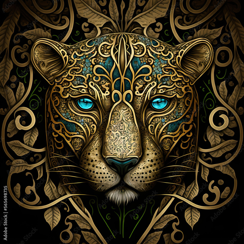 Celtic irish pattern: Golden panther face with blue eyes Celtic irish pattern: Golden panther face with blue eyes