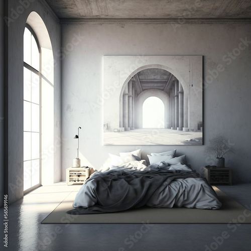 generative ai illustration of a white scene bedroom, minimal style and home decor