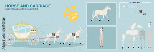 	
White Horse ready to animate with multiple poses accessories. Horse and Carriage, royal, princess, horse drawn cart, Vector file labelled ready to rig.