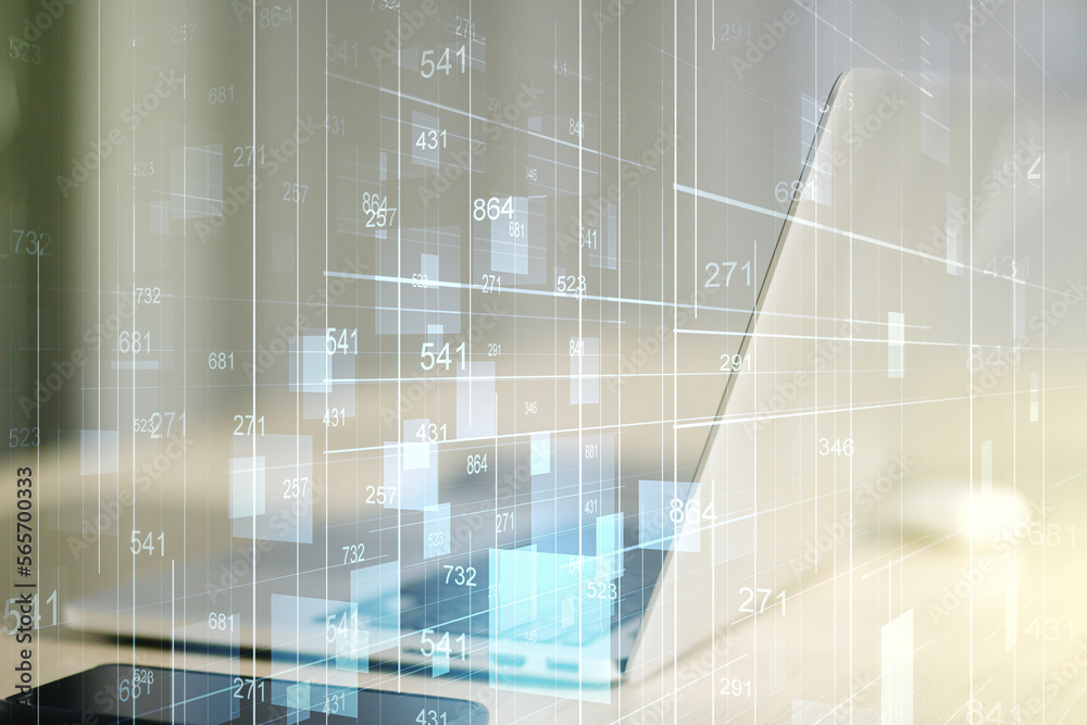 Abstract creative analytics data spreadsheet on modern computer background, analytics and analysis concept. Multiexposure Abstract creative analytics data spreadsheet on modern computer background, analytics and analysis concept. Multiexposure
