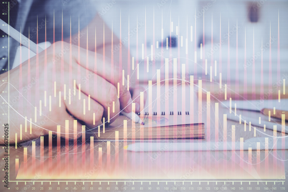 Multi exposure closeup hands with stock market forex graph. Multi exposure closeup hands with stock market forex graph.
