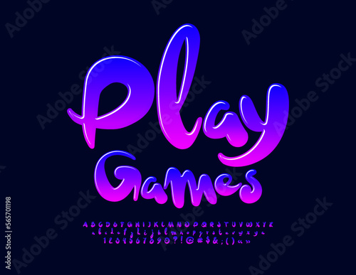 Vector creative Emblem Play Games. Glossy handwritten Font. Bright modern Alphabet Letters, Numbers and Symbols