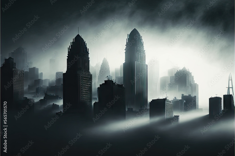 A city skyline obscured by fog, made using generative ai