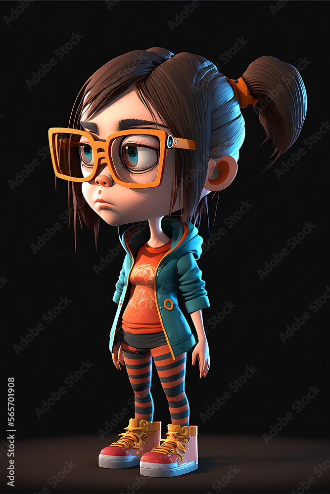 Girl with glasses and brown hair full body 3D cartoon generated ai