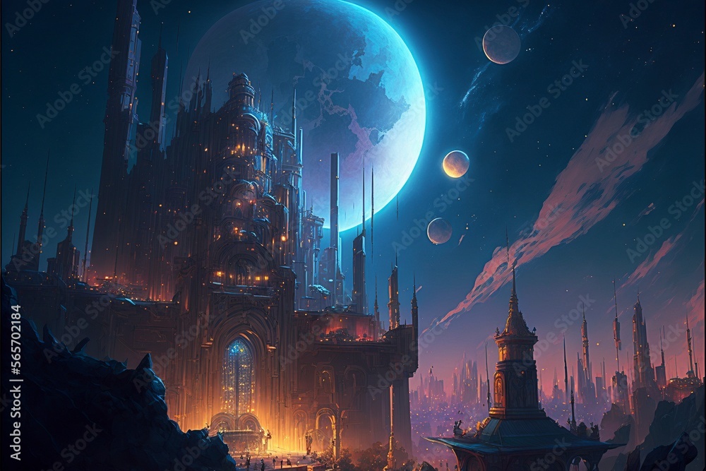 A sprawling metropolis illuminated by millions of lights and illuminated buildings, with a vibrant moon in the sky