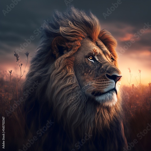 Beautiful portrait of a male lion during sunset. Generative AI