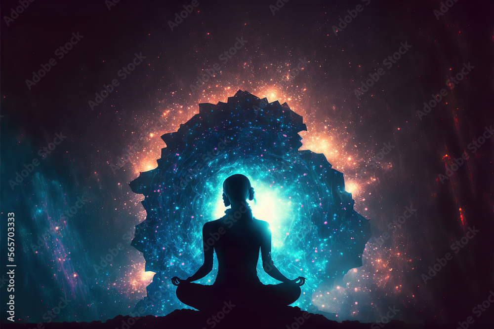 yoga in the lotus position on beautiful fantasy colorful background, generative ai