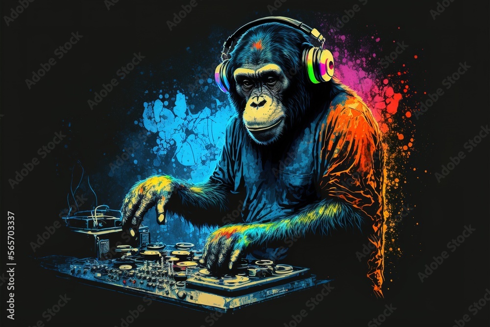 Monkey DJ With Headphones Colorful Generative AI