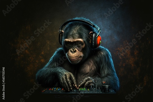 Monkey With Headphones Behind DJ Counter Generative AI