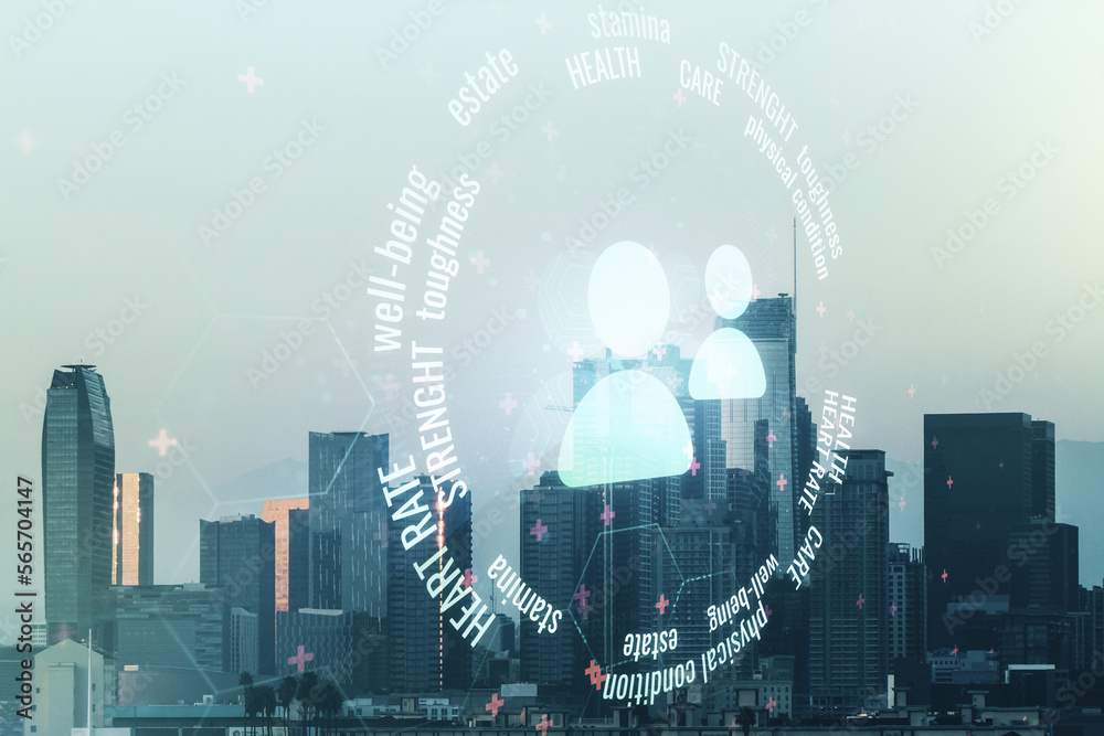 Abstract virtual people icons hologram on Los Angeles cityscape background, life and health insurance concept. Multi exposure