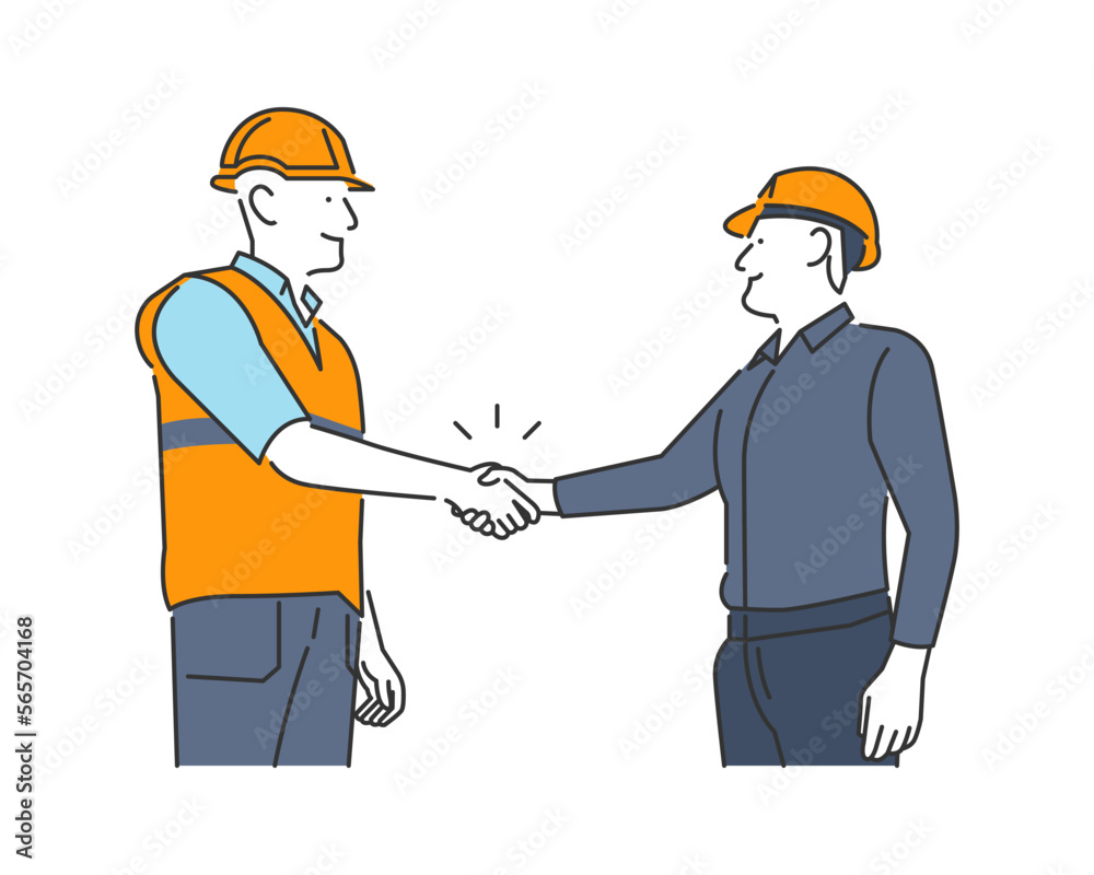 Icon illustration of a construction worker shaking hands with a foreman Icon illustration of a construction worker shaking hands with a foreman