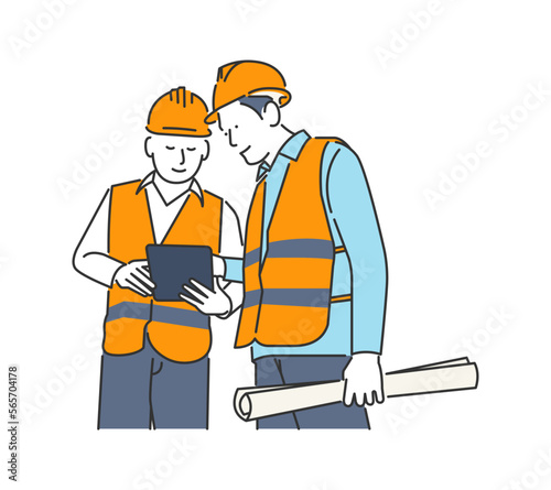 Icon illustration of construction worker discussing with tablet