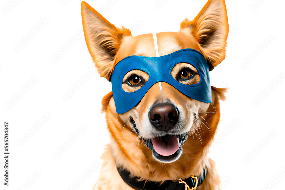 dog at carnival wearing blue mask costume