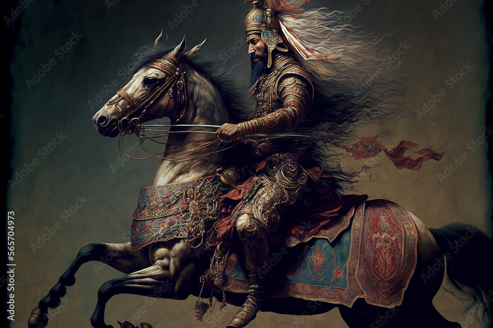 An Islamic warrior sits astride a powerful horse, with a sword. The