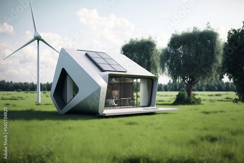 A futuristic and modern house in green landscape, nature and technology, AI Generated, future