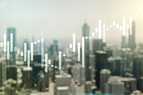 Double exposure of virtual creative financial diagram on blurry office buildings background, banking and accounting concept