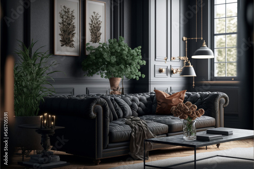 Stylish living room interior with comfortable dark sofa. Idea for interior design. AI